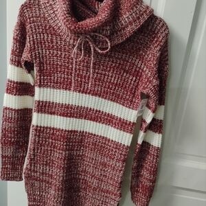 Red and White Cowl Neck Chunky Knit Sweater